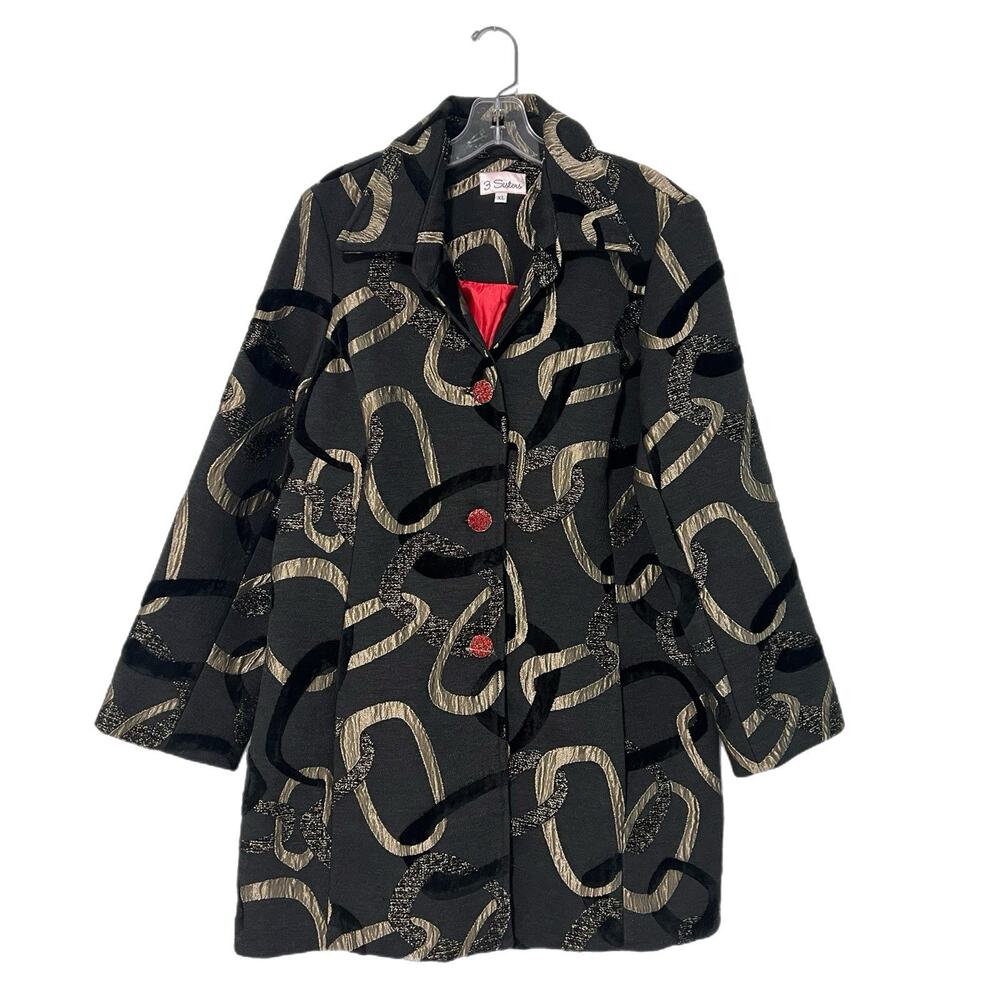 3 SISTERS Black & Gold Brocade Coat Size XL Velvet Chain Rhinestone ButtonsArtsy